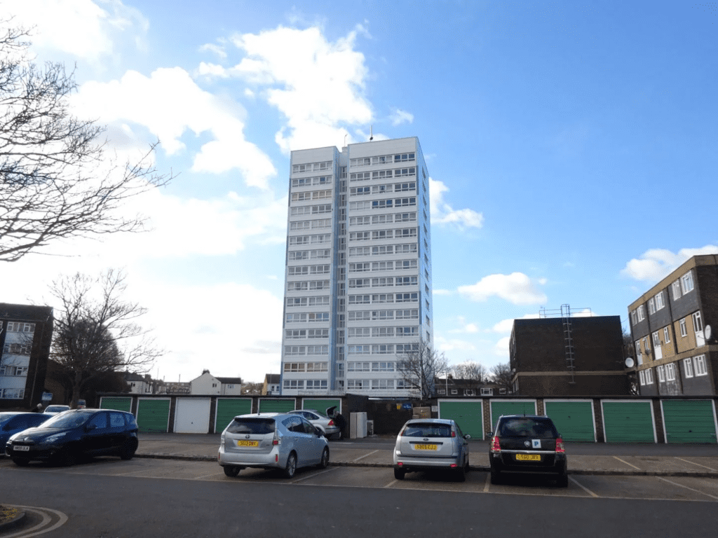 Parking lot and building